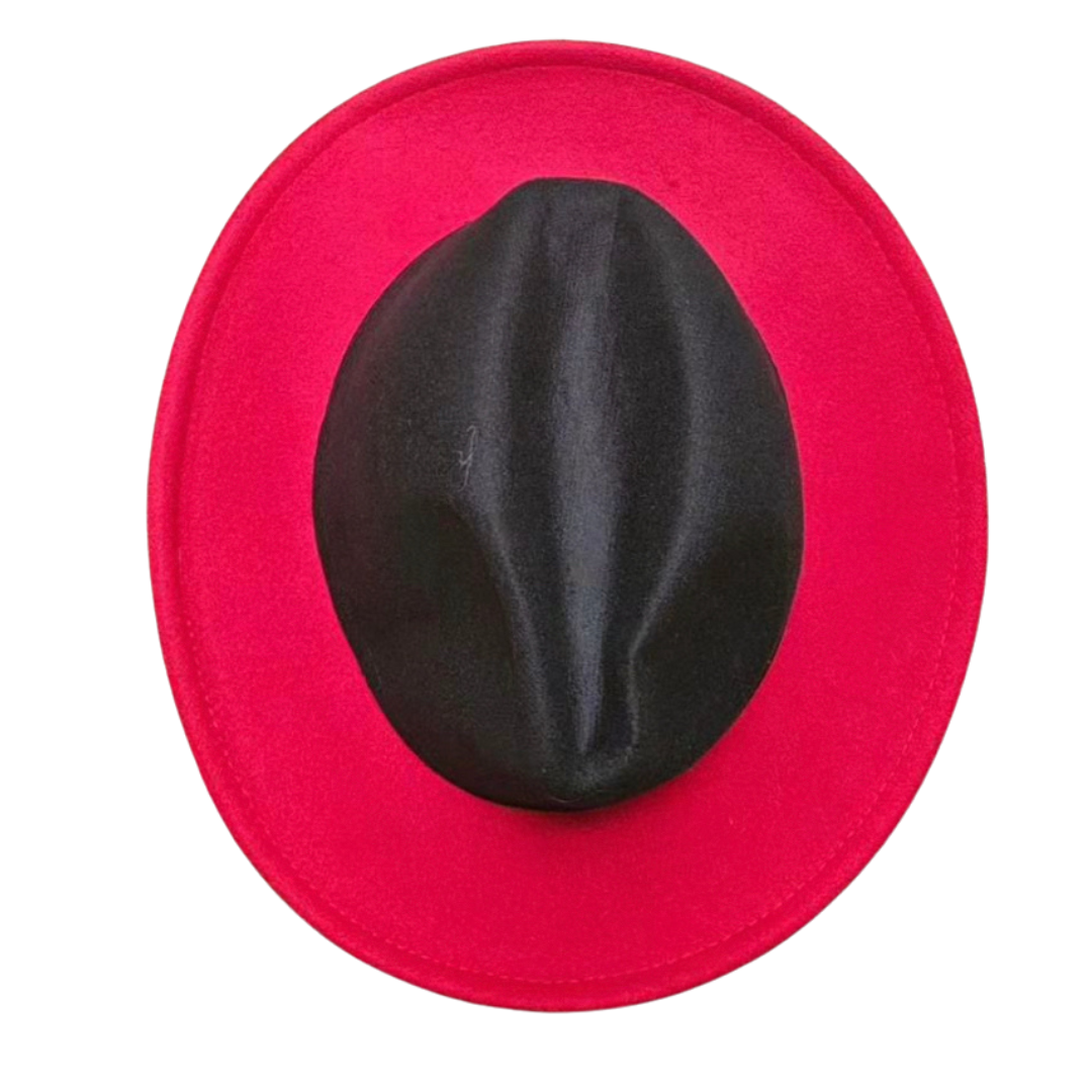 Black fedora hat with red band on sale